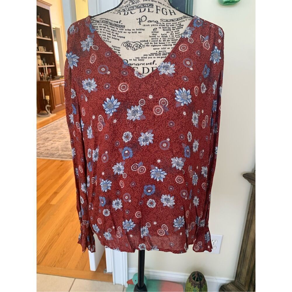Lucky Brand Red Floral Print Blouse Sheer Long Sleeve Top